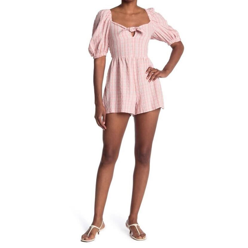 Topshop Peasant Tie Front Short Sleeve Romper Pink White‎ Check Size 2 MSRP $68